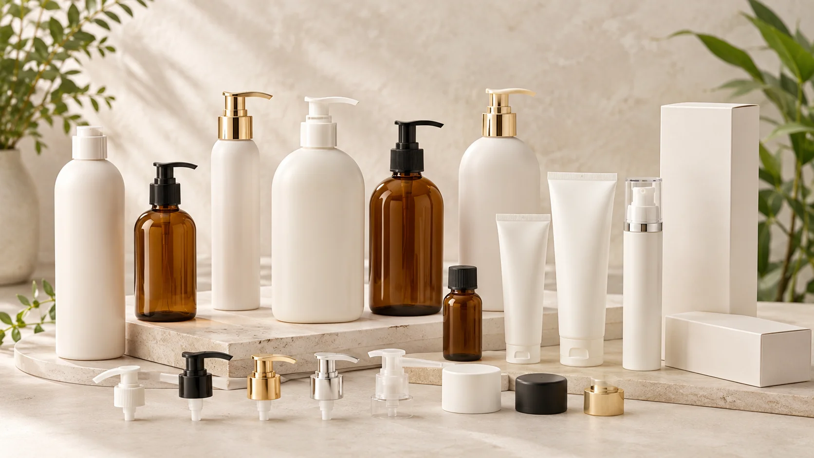 A variety of cosmetic containers including bottles, pumps, and tubes displayed on a marble surface, surrounded by natural plants.